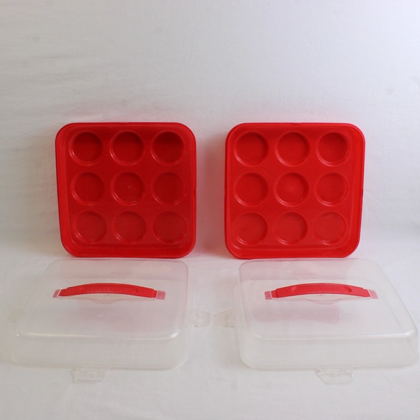 Set of 2 Red Plastic Cupcake Muffin Carriers 10" x 10" x 3.5"