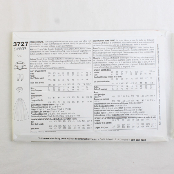 Simplicity 3727 Victorian Dress Costume Patterns Women's Sz KK (8,10,12,14) 2009