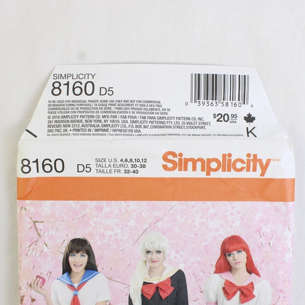 Simplicity Effy 8160 Japanese School Girl Costume Women's Size D3 (4,6,8,10,12)