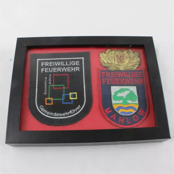 Framed German Volunteer Fire Brigade 'Freiwillige Feuerwehr' Patches & Medal