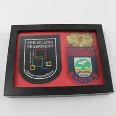 Framed German Volunteer Fire Brigade 'Freiwillige Feuerwehr' Patches & Medal