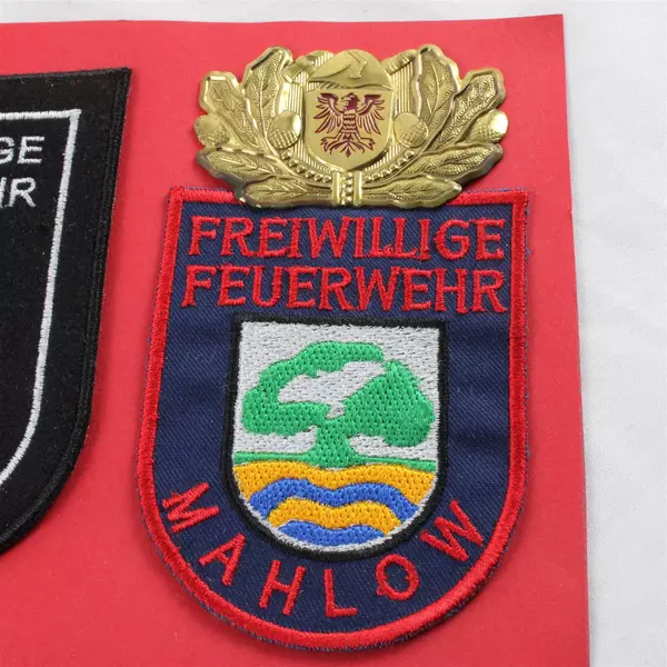 Framed German Volunteer Fire Brigade 'Freiwillige Feuerwehr' Patches & Medal