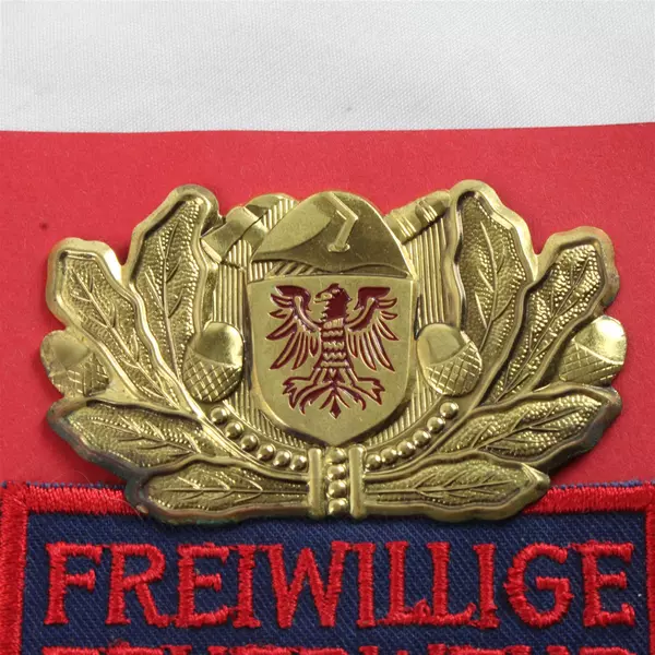 Framed German Volunteer Fire Brigade 'Freiwillige Feuerwehr' Patches & Medal