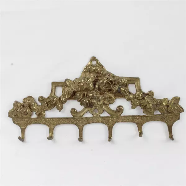Victorian Brass Floral Wall Mount 6 Hook 8.5 Inch Gold Key Coat Hat Rack