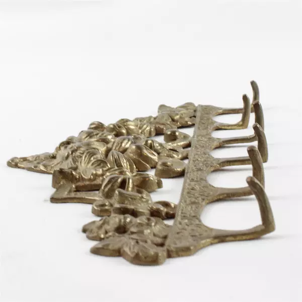 Victorian Brass Floral Wall Mount 6 Hook 8.5 Inch Gold Key Coat Hat Rack