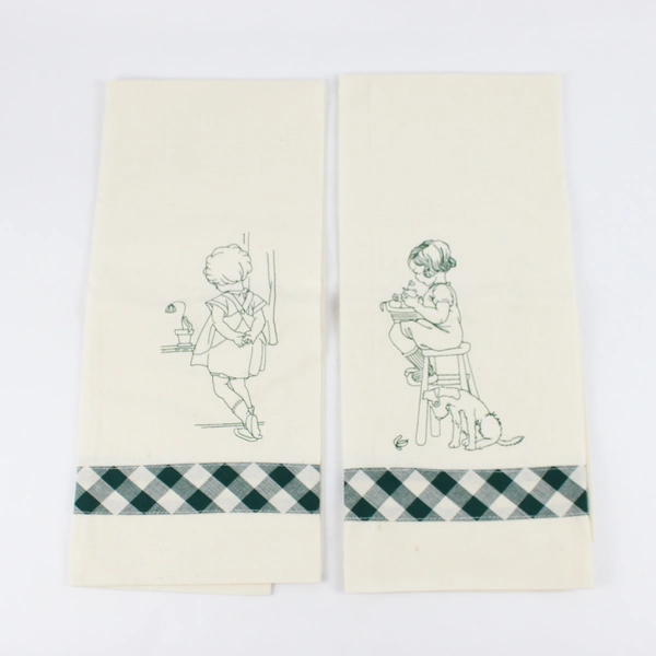 Set of 2 Vintage Handmade Embroidered Cloth Tea Towels FLAWED