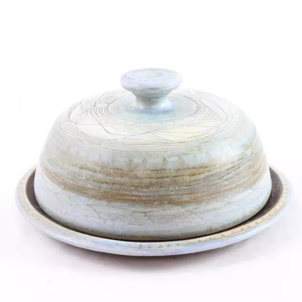 Handmade Studio Pottery Light Blue Floral Swirl Glazed Cheese Butter Dish 6.75"