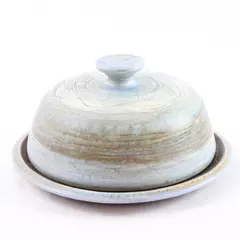 Handmade Studio Pottery Light Blue Floral Swirl Glazed Cheese Butter Dish 6.75"
