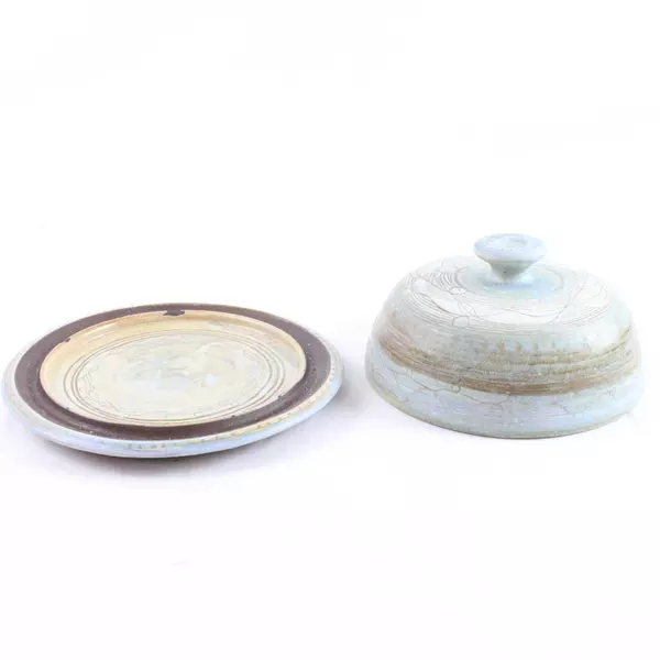 Handmade Studio Pottery Light Blue Floral Swirl Glazed Cheese Butter Dish 6.75"