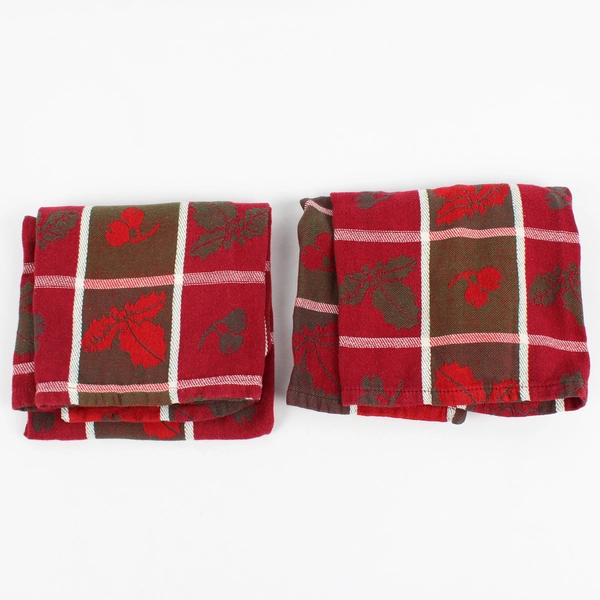 Set of 2 Sur La Table Red and Brown Cotton Christmas Kitchen Towels