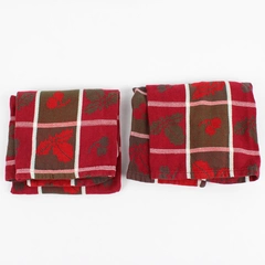 Set of 2 Sur La Table Red and Brown Cotton Christmas Kitchen Towels