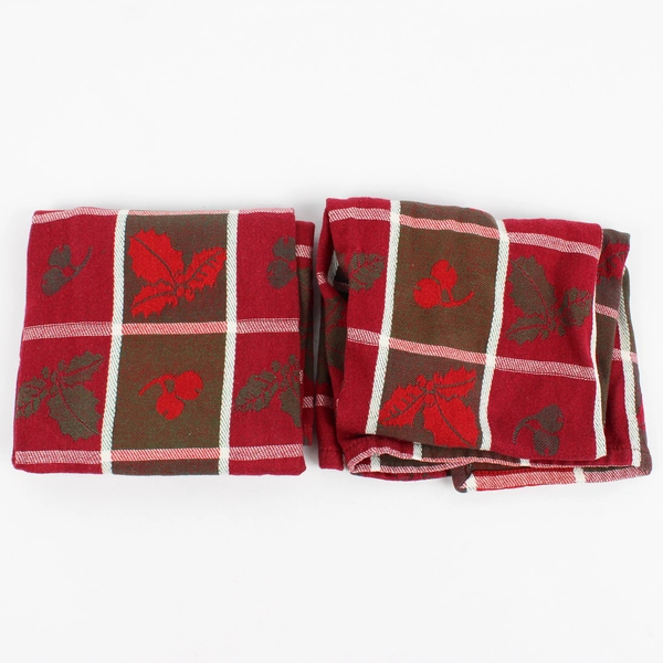 Set of 2 Sur La Table Red and Brown Cotton Christmas Kitchen Towels