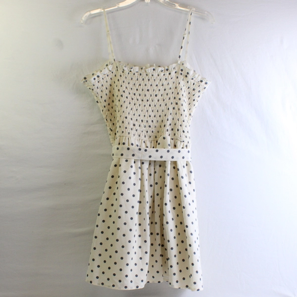 Mi Ami Gray Polka Dot Cream Smocked Spaghetti Strap Dress Women's Large