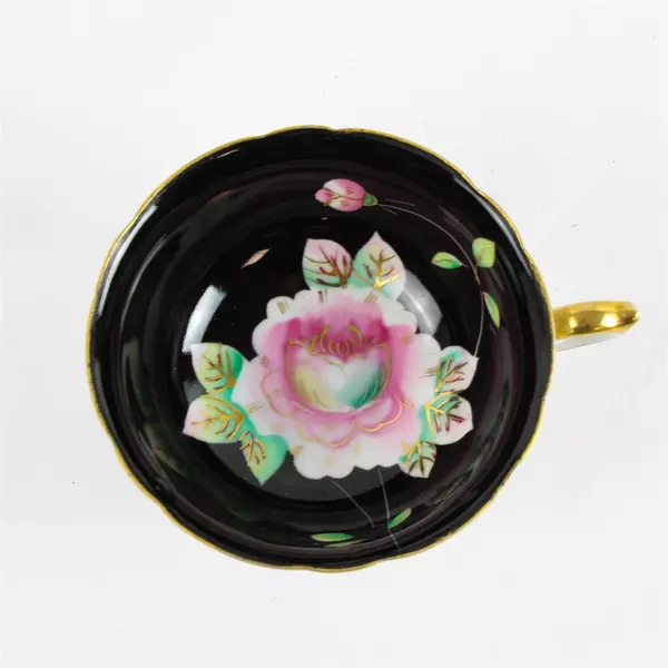 Regina Bone China Floral Rose Black & Pink Tea Cup Occupied Japan 1950s Vintage