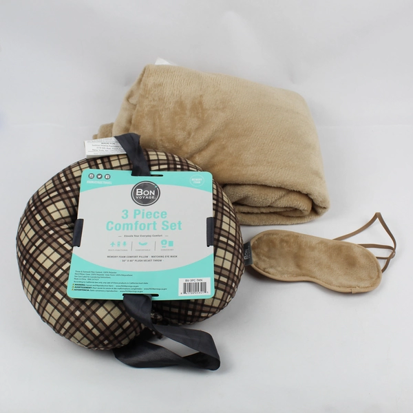 Macy's Bon Voyage 3 Piece Comfort Set Brown (Travel Pillow, Blanket, Eye Mask)