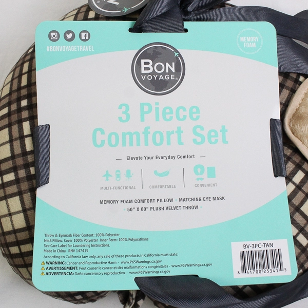 Macy's Bon Voyage 3 Piece Comfort Set Brown (Travel Pillow, Blanket, Eye Mask)