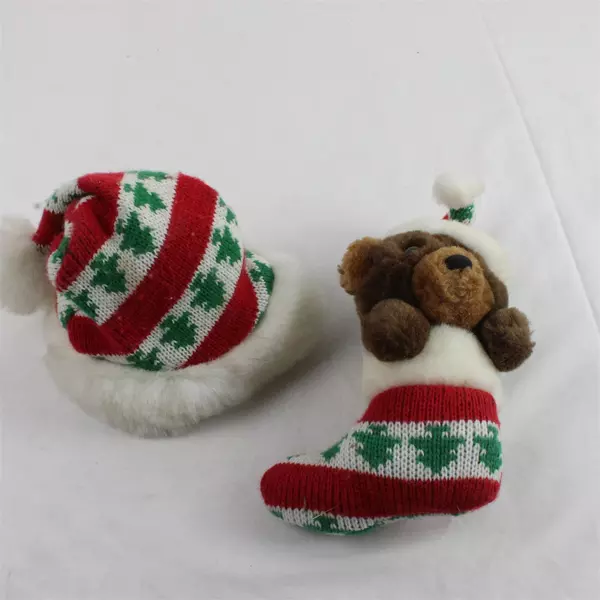 Lot of 2 Christmas Plush Toys Bear in Stocking & Stuffed Santa Hat Decor
