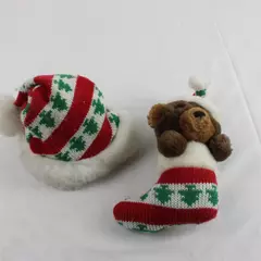 Lot of 2 Christmas Plush Toys Bear in Stocking & Stuffed Santa Hat Decor