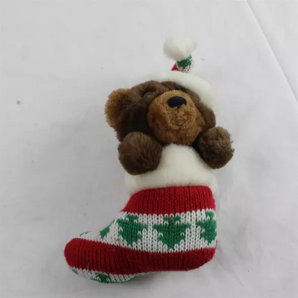 Lot of 2 Christmas Plush Toys Bear in Stocking & Stuffed Santa Hat Decor
