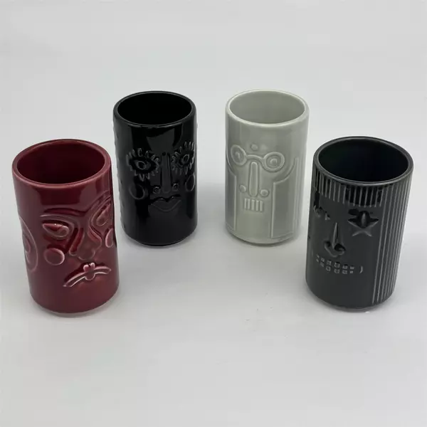 IKEA FREKVENS Maria Vinka Tiki Ceramic Glasses Set of 4 Maroon Gray Black
