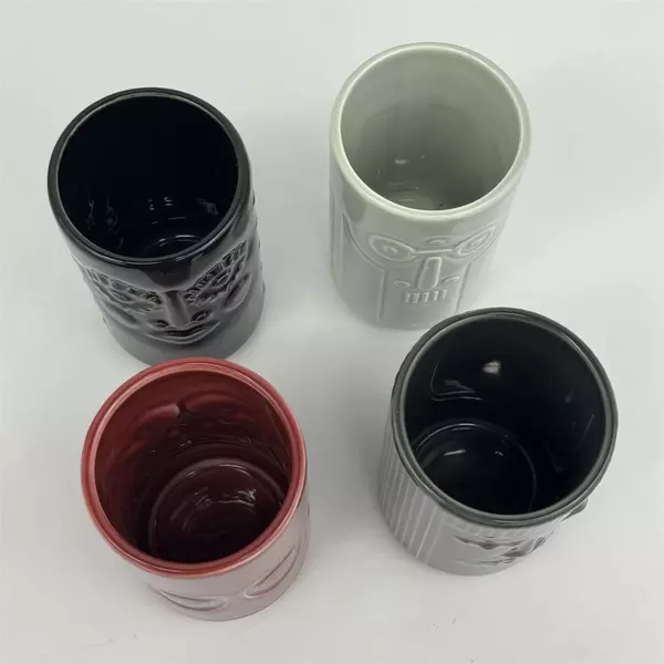 IKEA FREKVENS Maria Vinka Tiki Ceramic Glasses Set of 4 Maroon Gray Black