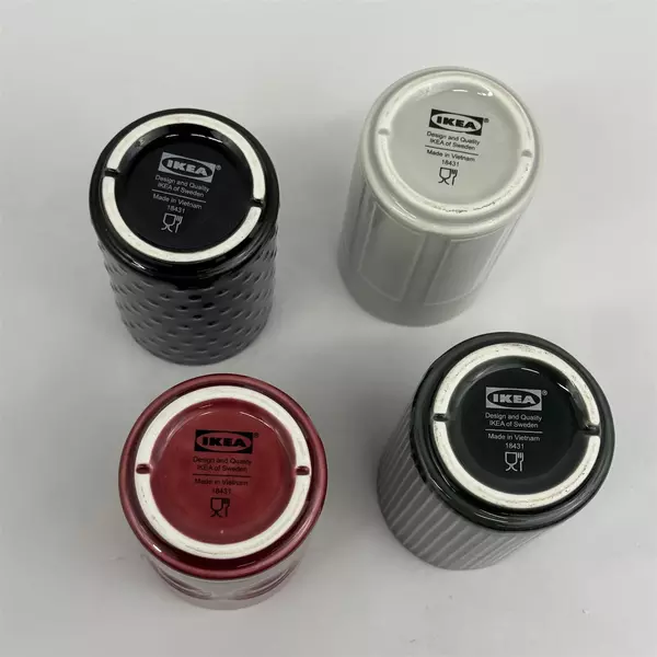 IKEA FREKVENS Maria Vinka Tiki Ceramic Glasses Set of 4 Maroon Gray Black