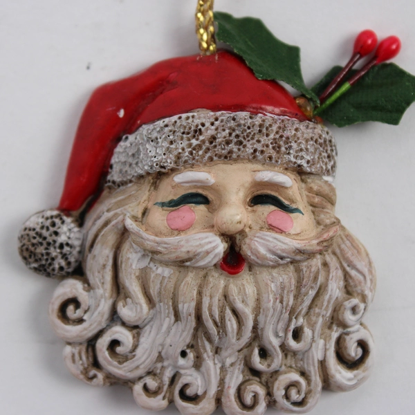 Small Vintage Hand-Painted Resin Santa Face Christmas Ornament 1.5"