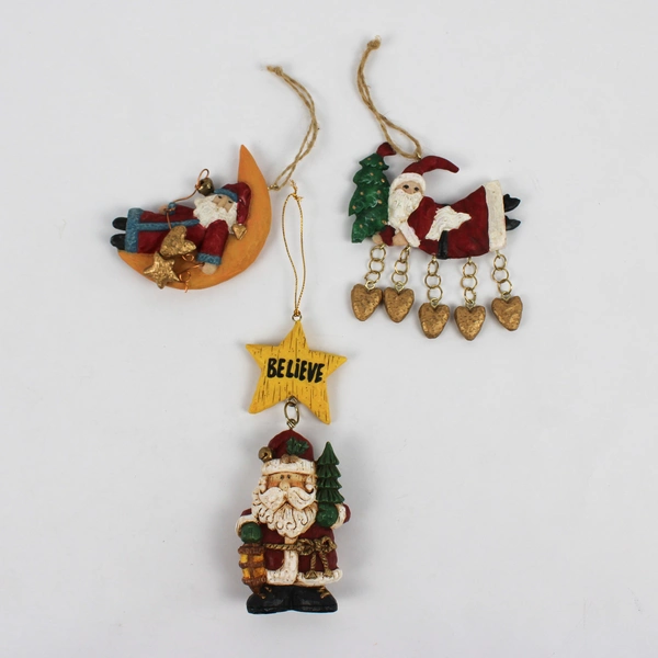 Lot of 3 Resin Folk Art Santa Claus Christmas Ornaments Moon Stars