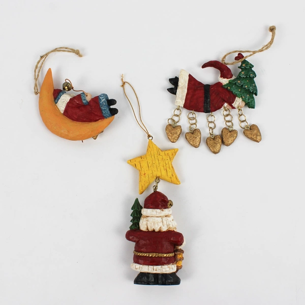 Lot of 3 Resin Folk Art Santa Claus Christmas Ornaments Moon Stars