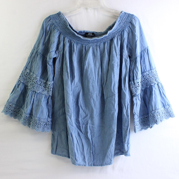 NAOO Nation AK Outfits Blue Flare 3/4-Sleeve Blouse Women's Large