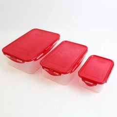 Set of 3 Lock & Lock 460 ml to 2.1 L Plastic Food Storage Containers Red Lid