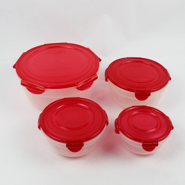 Set of 4 Lock & Lock 480 ml to 3.4 L Plastic Food Storage Bowls Red Lid