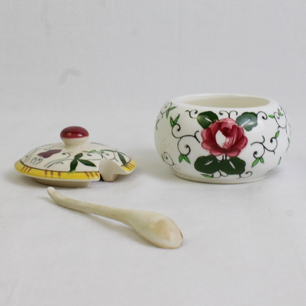 Ucagco Japan Early Provincial Rooster and Roses Jam/Condiment Jar