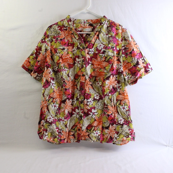 CJ Banks Women's 2X Button Up Shirt Cotton Orange Multi Floral Short Sleeves