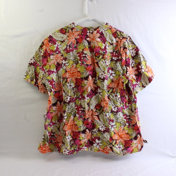 CJ Banks Women's 2X Button Up Shirt Cotton Orange Multi Floral Short Sleeves