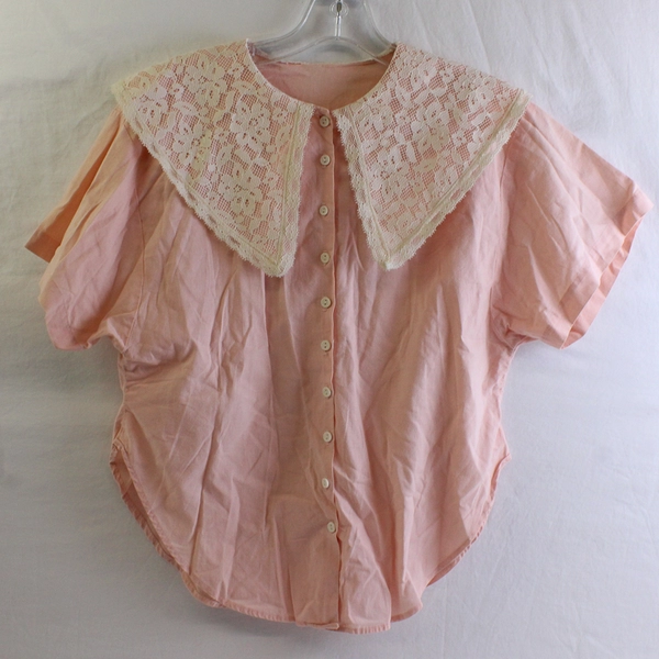 Vintage Handmade Light Pink Button-Up Shirt Lace Collar Women's Size Medium