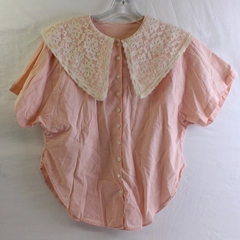 Vintage Handmade Light Pink Button-Up Shirt Lace Collar Women's Size Medium