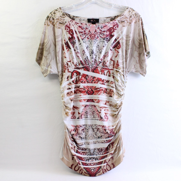 BCX Beige and Red Ruched T-Shirt Women's Size Medium