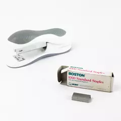 Gray & white 5" Ergonomic Desktop Stapler with Opened Box of Boston Staples