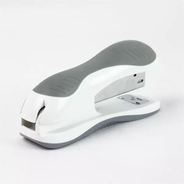 Gray & white 5" Ergonomic Desktop Stapler with Opened Box of Boston Staples