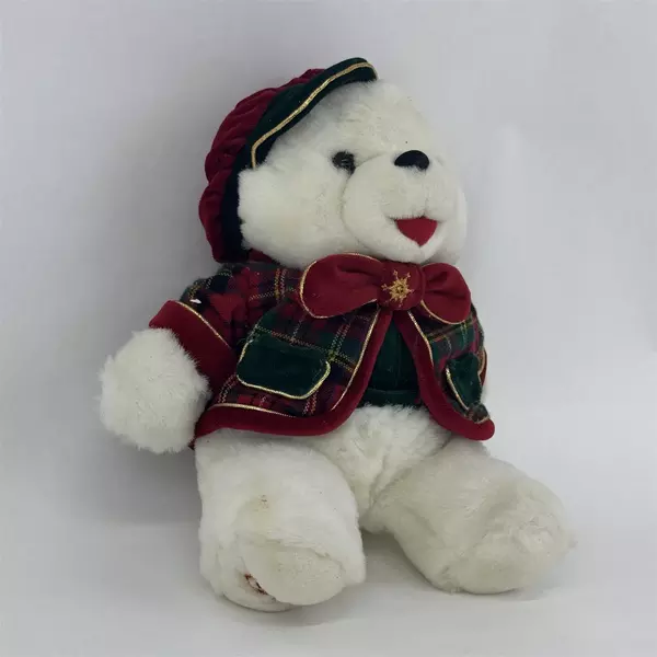 1999 Tb Trading Co White Bear Plush Tartan Vest Hat 13 Inch