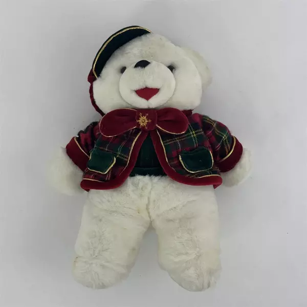 1999 Tb Trading Co White Bear Plush Tartan Vest Hat 13 Inch