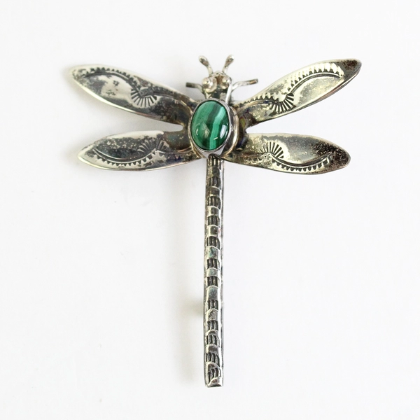  Sterling Silver Dragonfly Brooch With Malachite Body