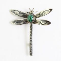  Sterling Silver Dragonfly Brooch With Malachite Body