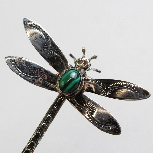  Sterling Silver Dragonfly Brooch With Malachite Body