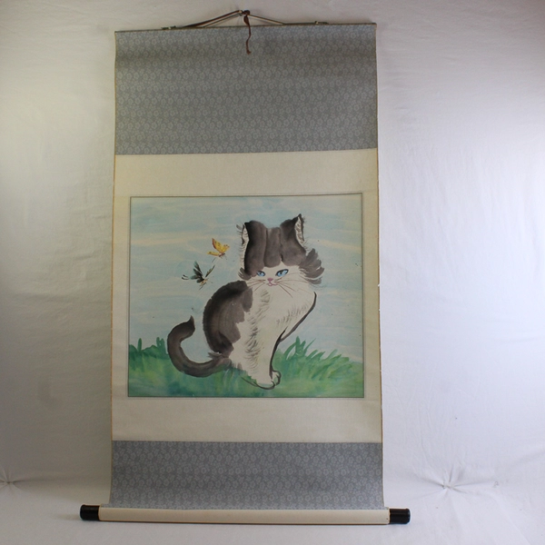 Vintage Japanese Art Hanging Scroll with Black and White Cat