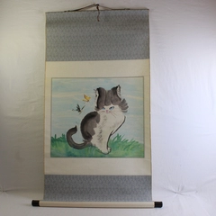 Vintage Japanese Art Hanging Scroll with Black and White Cat