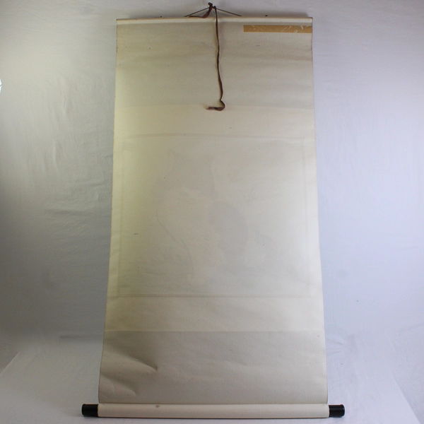 Vintage Japanese Art Hanging Scroll with Black and White Cat
