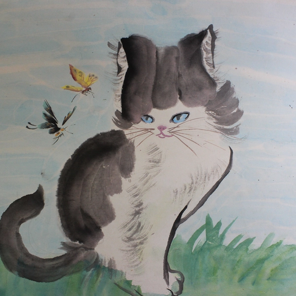 Vintage Japanese Art Hanging Scroll with Black and White Cat