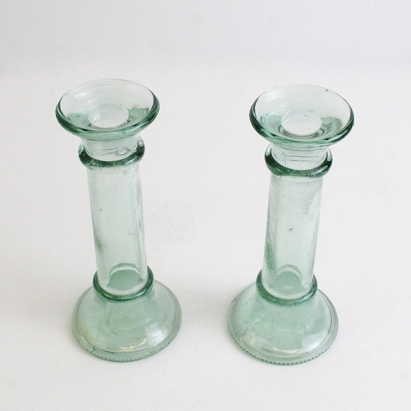 Lot of 2 Unbranded Georgia Green Glass Candlestick Taper Holders 7"